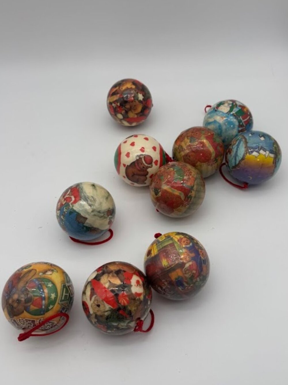 Vintage Retro 80s Decoupage Paper Mache Christmas Ball Ornaments Lot of 10